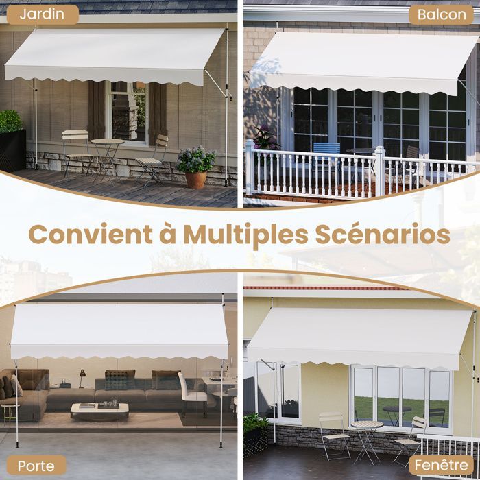 COSTWAY Manual Retractable Awning 4 x 1.2M - Crank Handle, Adjustable Height 210-300CM, White UV-Resistant Patio Awning