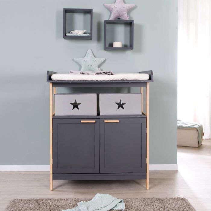 Commode à Langer ROBA - Berlin - 2 Portes + 2 Boîtes de Rangement en Tissu - Meuble à Langer Évolutif - Anthracite - Bambou