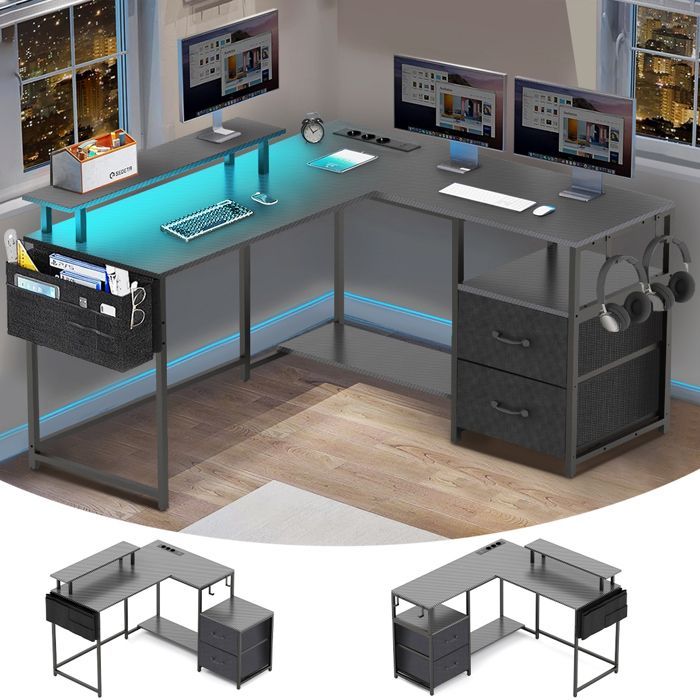 Bureau Gaming en Forme L-120x120x75CM-Bureau d'angle avec Étagères-Avec Support de Moniteur-2 USB+LED-3 Prises-2 Tiroirs-Noir