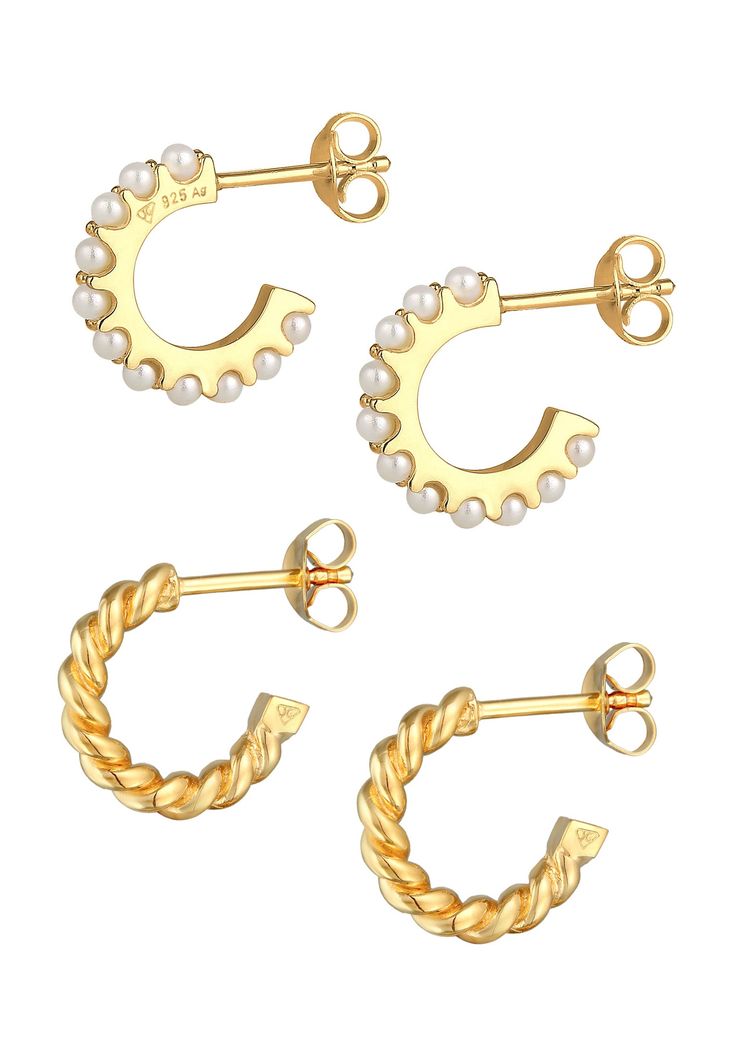 Elli Femmes Créoles Perles Cordon Set en argent sterling 925 plaqué or