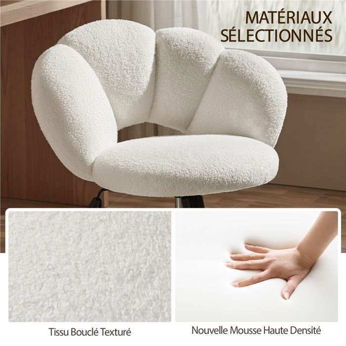 Sedia da ufficio Yaheetech - Design Cloud in tessuto bouclé - Schienale elastico e sedile regolabile in altezza, bianca