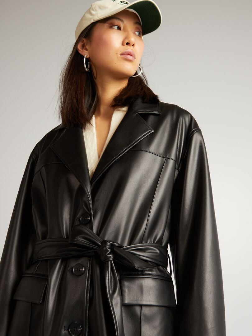 Trenchcoat van imitatieleer - zwart