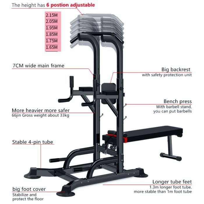 Power Tower multifunctioneel krachttrainingsstation uitgerust met een verstelbare bank voor pull-ups, squats en buikspieroefeningen.