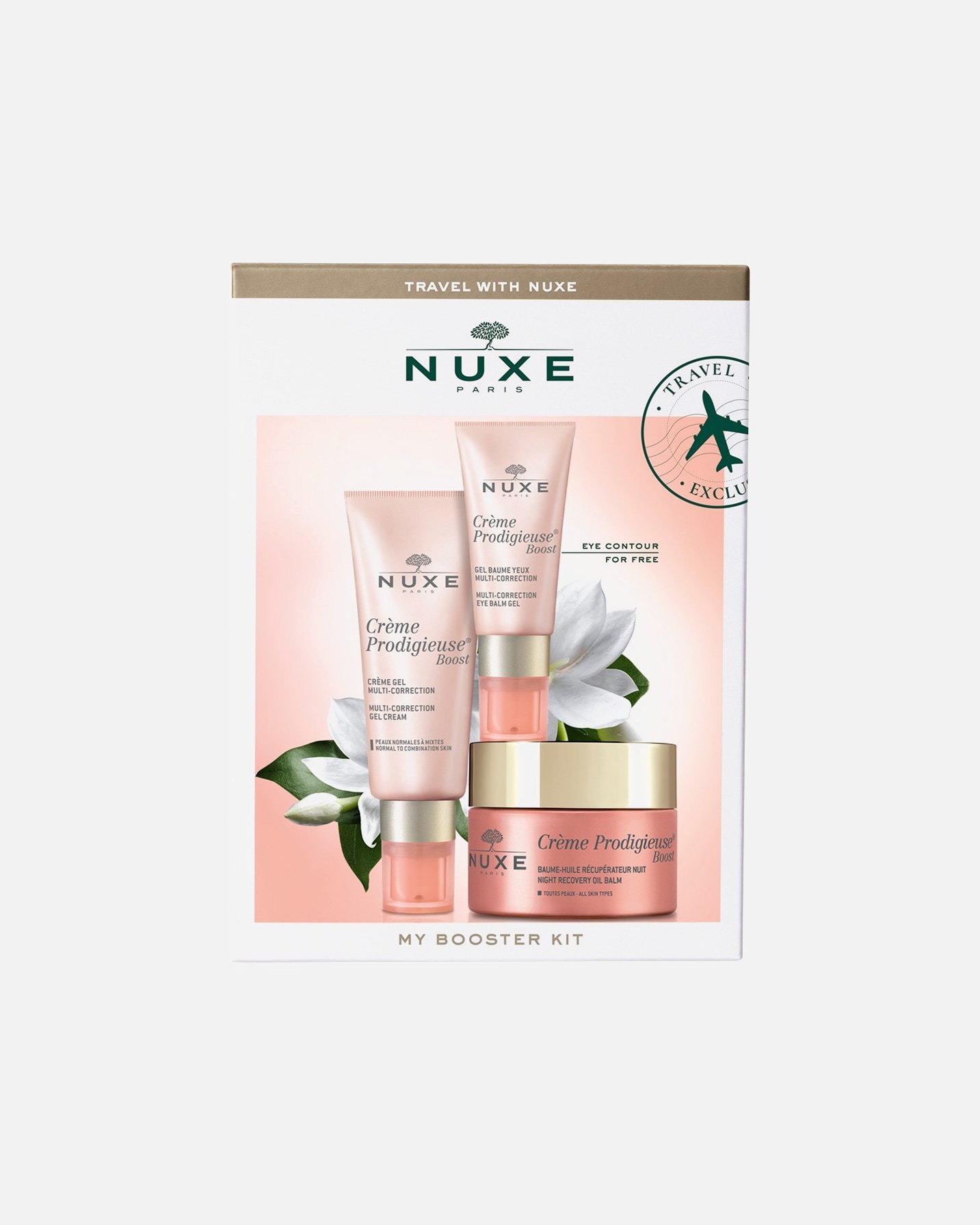 NUXE sejas kopšanas komplekts My Booster Kit - daudzkorekcijas želejas krēms 40 ml + nakts atjaunojošais eļļas balzams 50 ml + daudzkorekcijas acu balzams-gels 15 ml 1 gab.