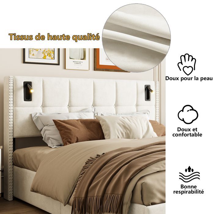 Letto contenitore 160 x 200 cm, letto 160x200 con rete a doghe, letto matrimoniale, struttura letto, con lampada da lettura da comodino, beige, velluto