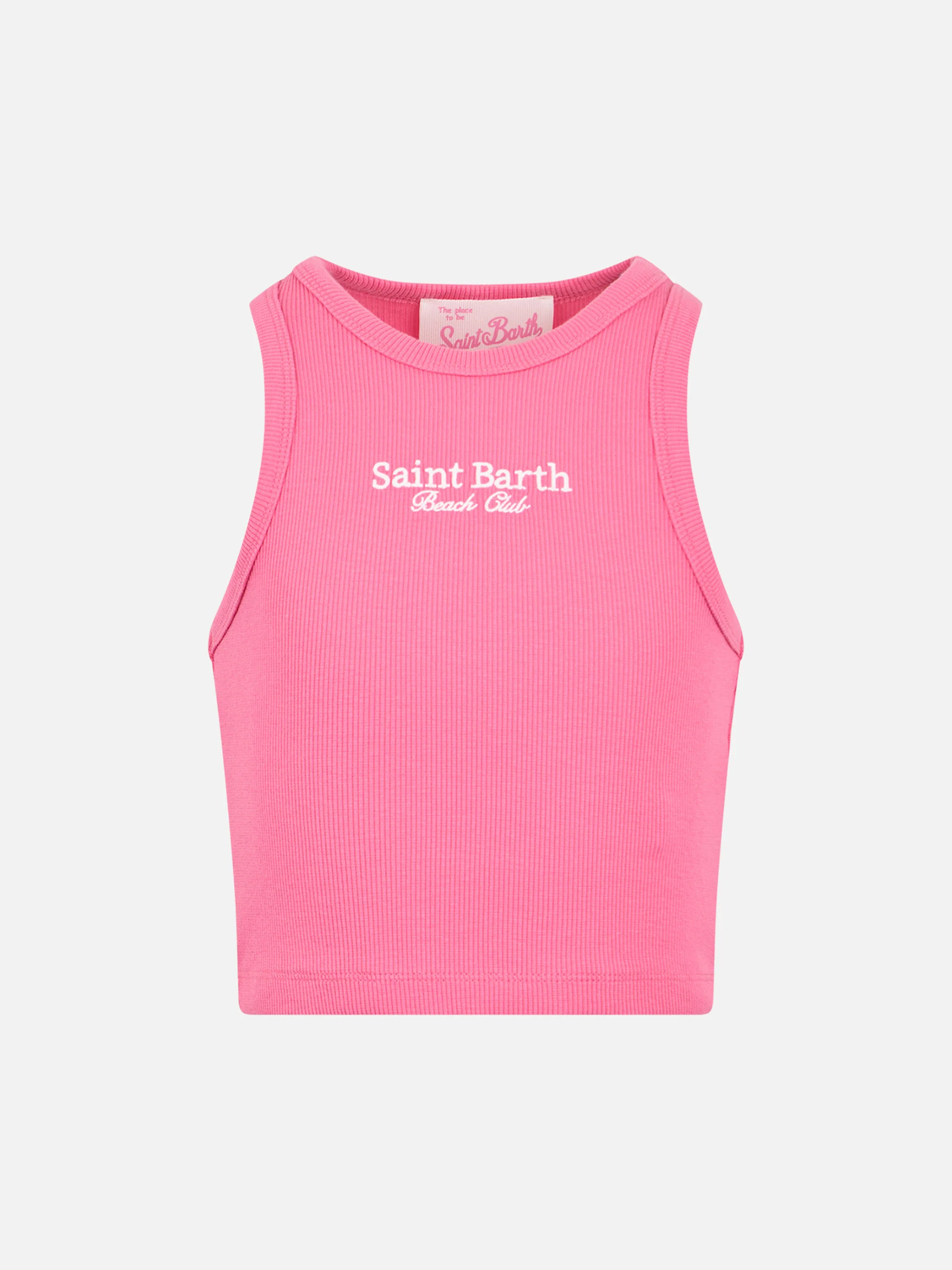 Geribbelde katoenen crop top voor meisjes in fuchsia.