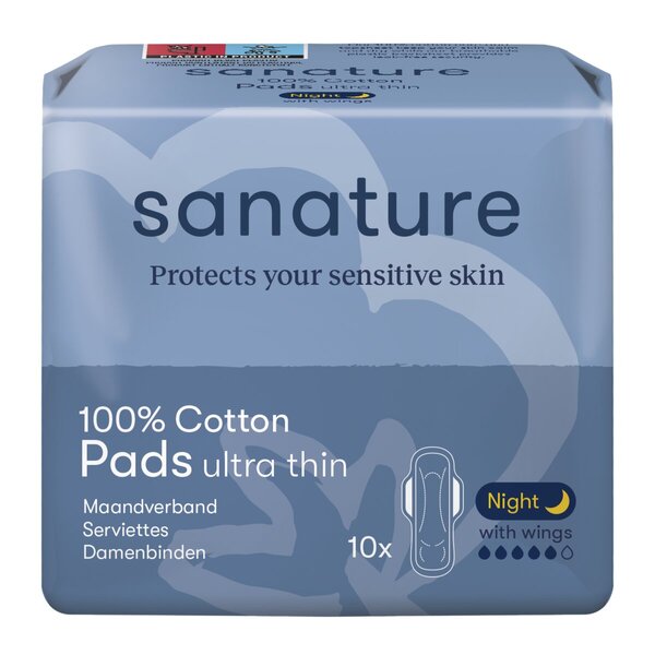 Absorbante igienice de noapte ultra subțiri Sanature 100% bumbac<br>10 bucăți