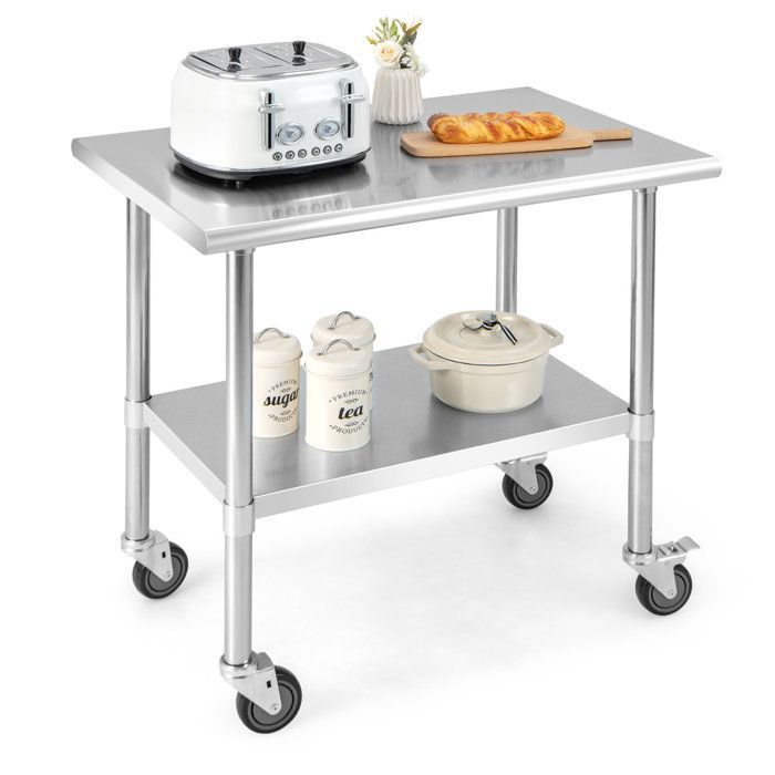 Mesa de trabajo de cocina COSTWAY de 2 niveles de acero inoxidable con 4 ruedas de poliuretano, estante inferior ajustable y capacidad de carga de 250 kg.