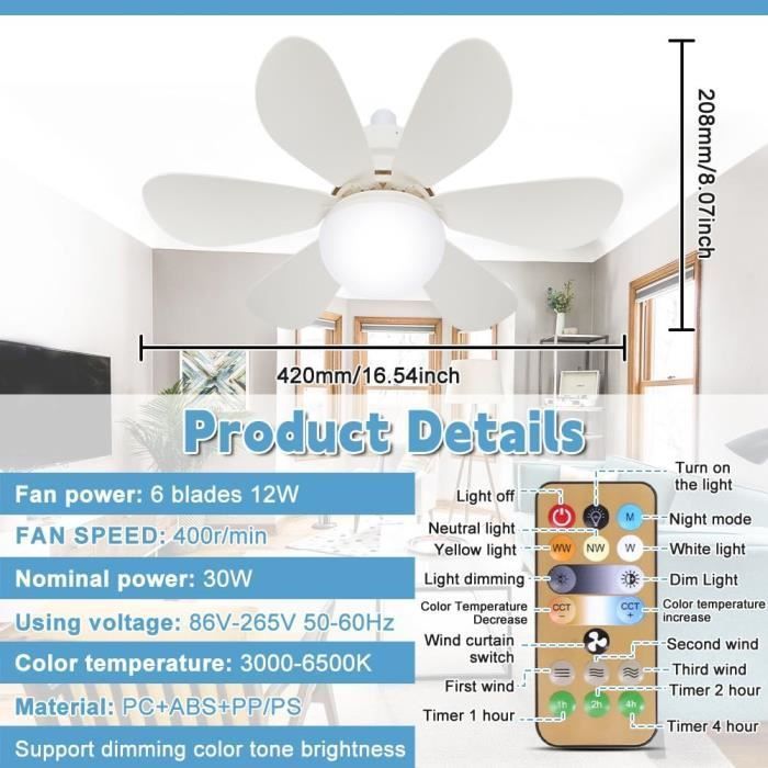 Ventilador de techo con luz, base E27 regulable, con mando a distancia, 3 velocidades (30 W). [Z243]