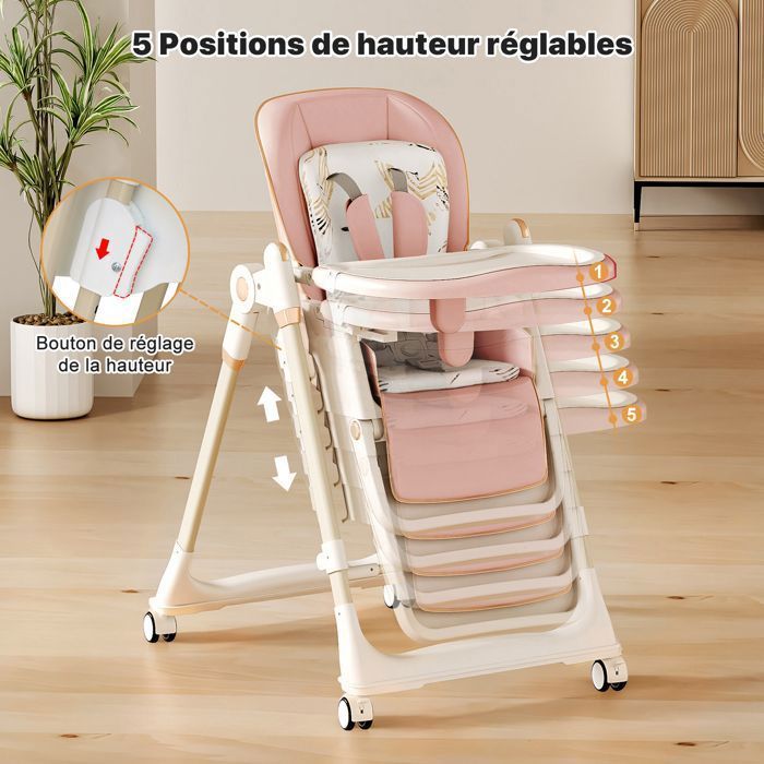 Chaise Haute Bébé Evolutive 4 en 1, 3 Positions d'Inclinaison, 5 Positions de Hauteur, Roulettes, Chaise à bascule pour bébés 3M+