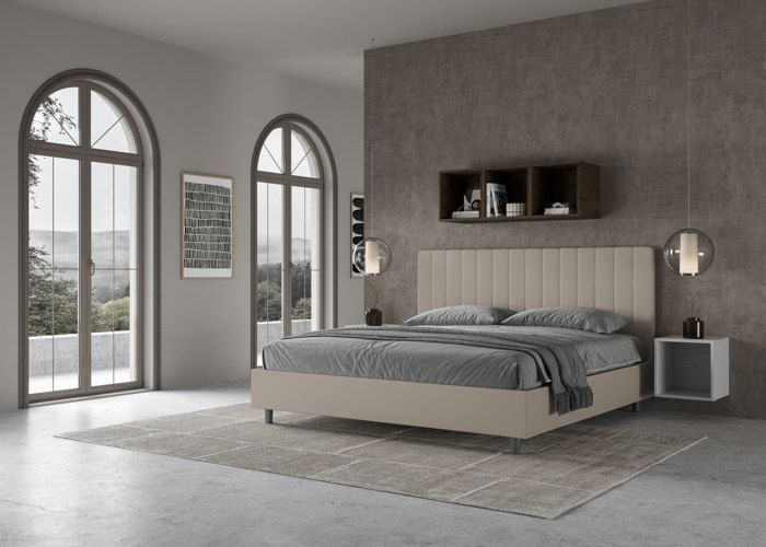 King size bed - Ityhome - Agueda - 200x200 cm - Taupe faux leather - Upholstered headboard