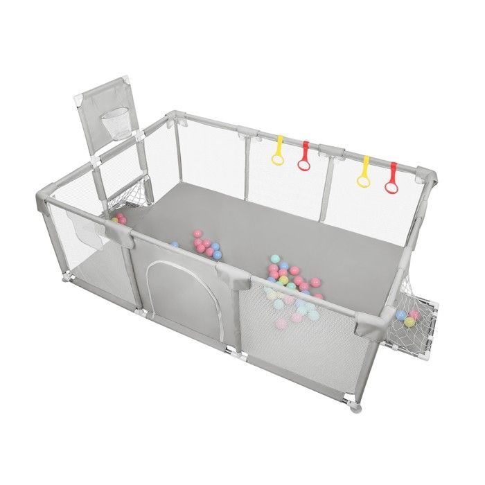 Parque infantil de seguridad - MIPAN - Valla para bebés con pelotas de mar + 4 asas - 180*120*66cm - Gris claro