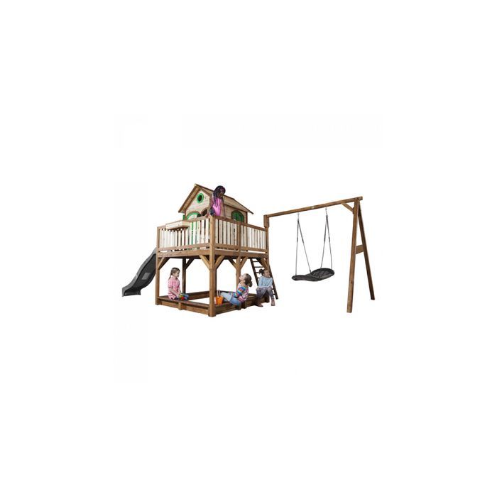 Casita de juegos infantil AXI Liam con arenero, columpio nido de pájaro negro y tobogán gris | Zona de juegos al aire libre en color marrón