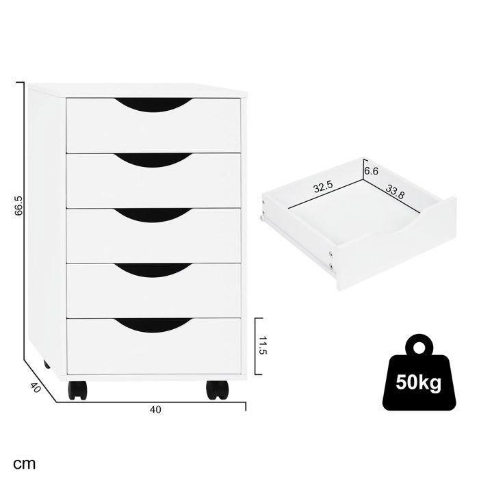 Cajonera de oficina - WOLTU - Unidad de almacenamiento móvil de 5 cajones - Madera de ingeniería - Blanco W0ATT0650