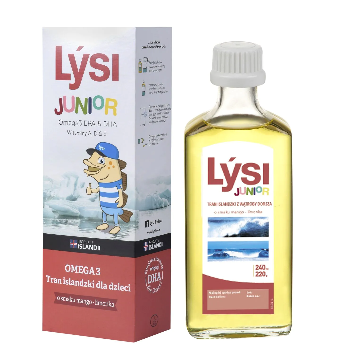 Lysi Junior Tran Islandzki dla dzieci o smaku mango-limonka, Olej