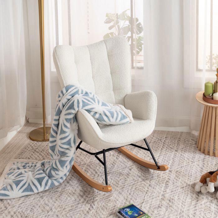 MUEBLES COSITIVOS Mecedora de lactancia escandinava con reposabrazos de tela de piel de oveja beige con pespuntes - FUNKEL
