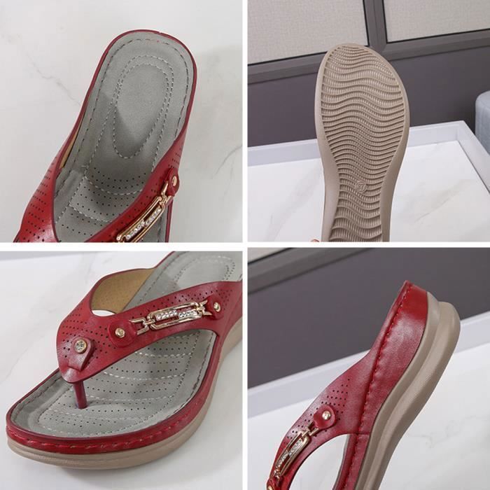 Tongs de Marche Femme Été Compensées en Simili Cuir Chaussure de Plage Extérieur Bout Ouvert Confortable - Rouge