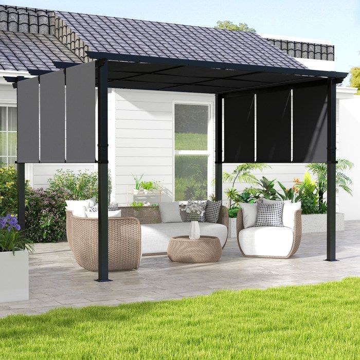 Pergola - Outsunny - 3 toiles coulissantes - structure acier noir toile polyester haute densité - 3,5 x 3 x 2,35 m gris foncé