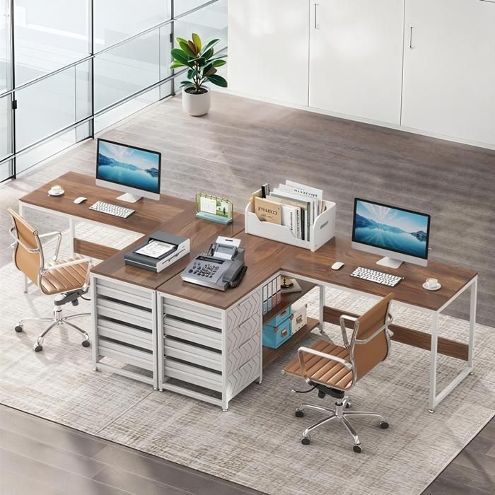 TOPESCT Bureau d'angle réversible en forme de L avec 4 tiroirs et 2 étagères pour Bureau, 155 x 110 x 75 cm,Noyer et blanc