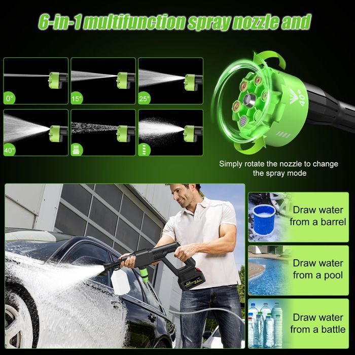 Hidrolimpiadora eléctrica inalámbrica - 500 PSI - Boquillas ajustables 6 en 1 - Funciona con pilas