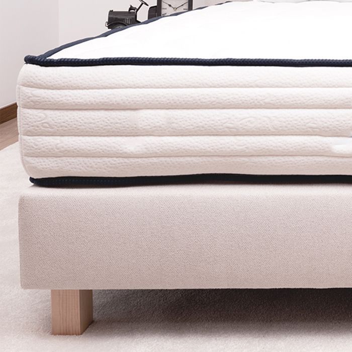 Base de cama de láminas JOLY con patas, tapizada en madera maciza, color beige - 160 cm de ancho x 200 cm de largo