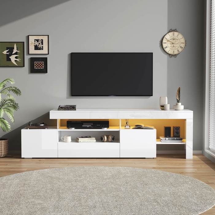Mobile porta TV bianco lucido, 192 x 37 x 53 cm, con illuminazione a LED, 3 ante e ripiani — per TV fino a 85 pollici