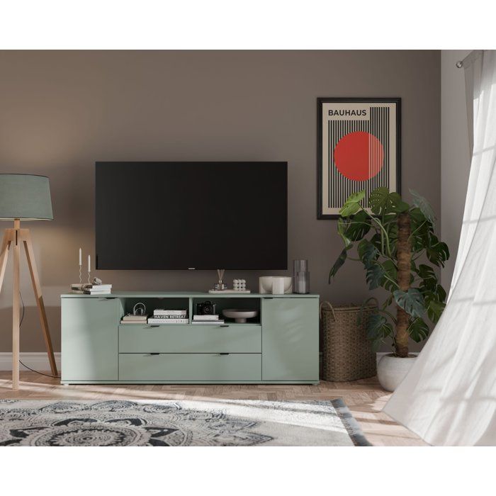TV-bord - GANYMEDE - Sage - 2 døre, 2 skuffer, 2 hylder - 179,8 x 41,3 x 63,1 cm