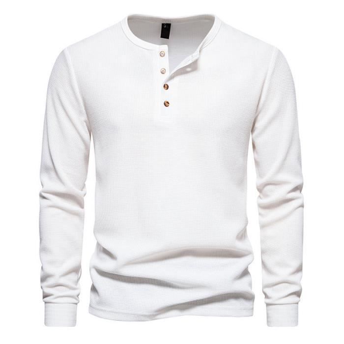 Men's Long Sleeve Henley Crew Neck T-Shirt, White - INSFITY - Regular Fit