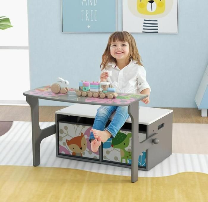 Omvormbare speelgoedkist - DREAMADE - 3-in-1 - Hout - 2 uitneembare stoffen bakken - Draagvermogen 60 kg - 60 x 42 x 57 cm - Grijs