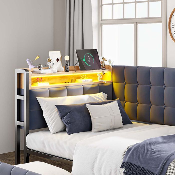Lit banquette convertible rembourré gris avec LED intégrée, tiroirs et ports USB/Type-C