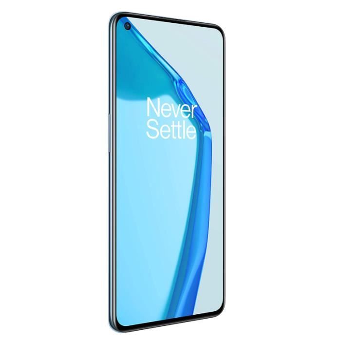 OnePlus 9 5G-telefoon met 8 GB RAM, 128 GB opslag en Snapdragon 888-processor, 6,55-inch AMOLED-scherm en blauw display.