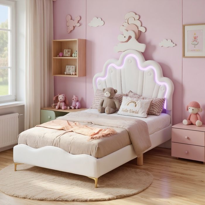 Cama individual, cama infantil tapizada de 90x200cm, estructura con LED y somier de láminas, cama Princess Heiress, blanca, PU