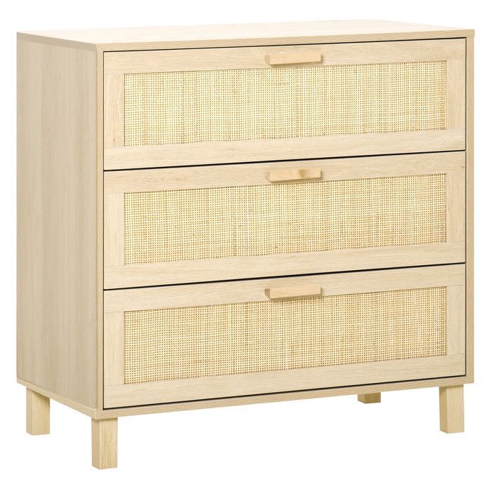 Cómoda - HOMCOM - 4 cajones, caña de ratán, mueble de almacenamiento para dormitorio - MDF - 80x40x80cm - madera clara