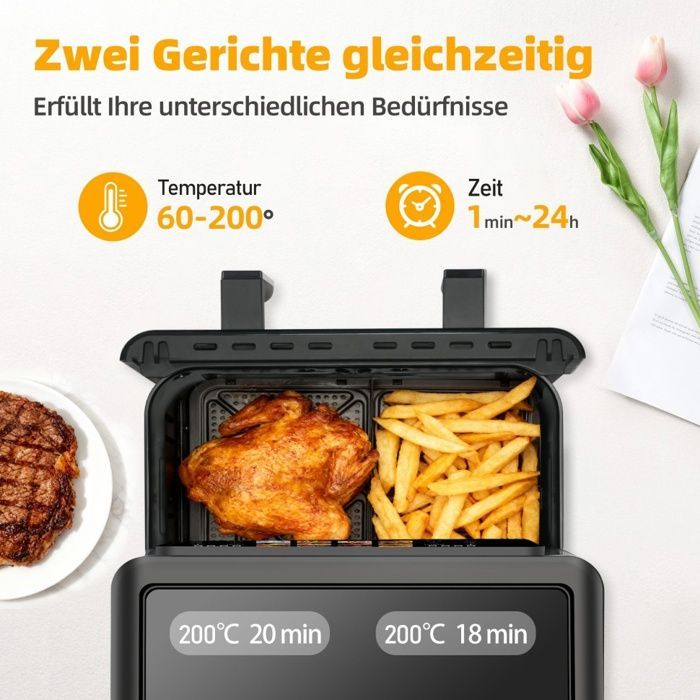 Fritadeira Elétrica sem Óleo - 8,5L Cesto Simples/Duplo - 12 Programas e Visor de Cozimento - Fritadeira sem Óleo com Tela Sensível ao Toque até 200°C - Preta