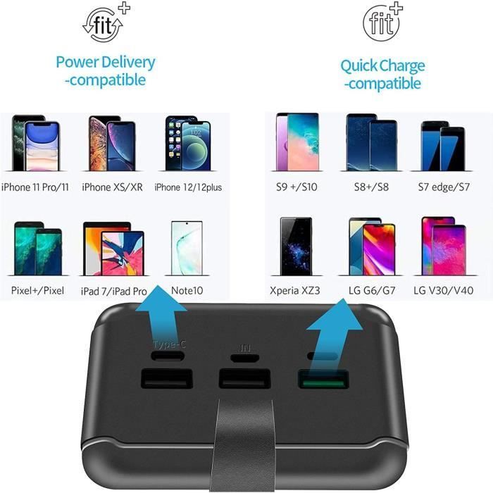 Caricabatterie portatile, batteria esterna da 50000 mAh, power bank nero con display LCD e 3 uscite USB per telefoni cellulari.