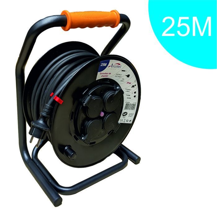 PRO construction site cable reel 3G2.5 25m IP44 fixed plate (anti-twist) - H07RN-F cable - 4 x 16A sockets - 2-year warranty