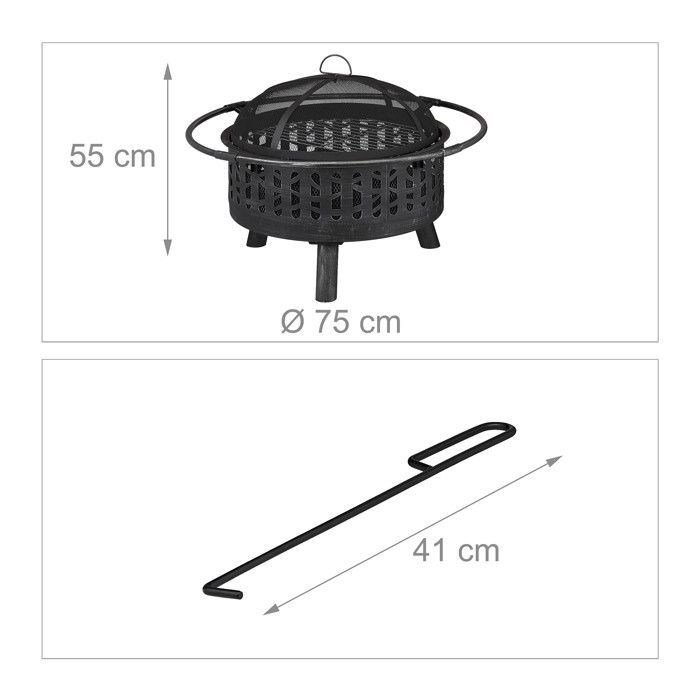 Brasero Relaxdays con parrilla, rejilla protectora contra chispas y atizador, para jardín, Ø 75 cm, negro/plata
