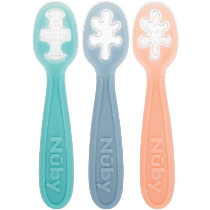 Lot de 3 premières cuillères bébé - NUBY - Silicone - Dès 6 mois - Rose / Bleu / Vert