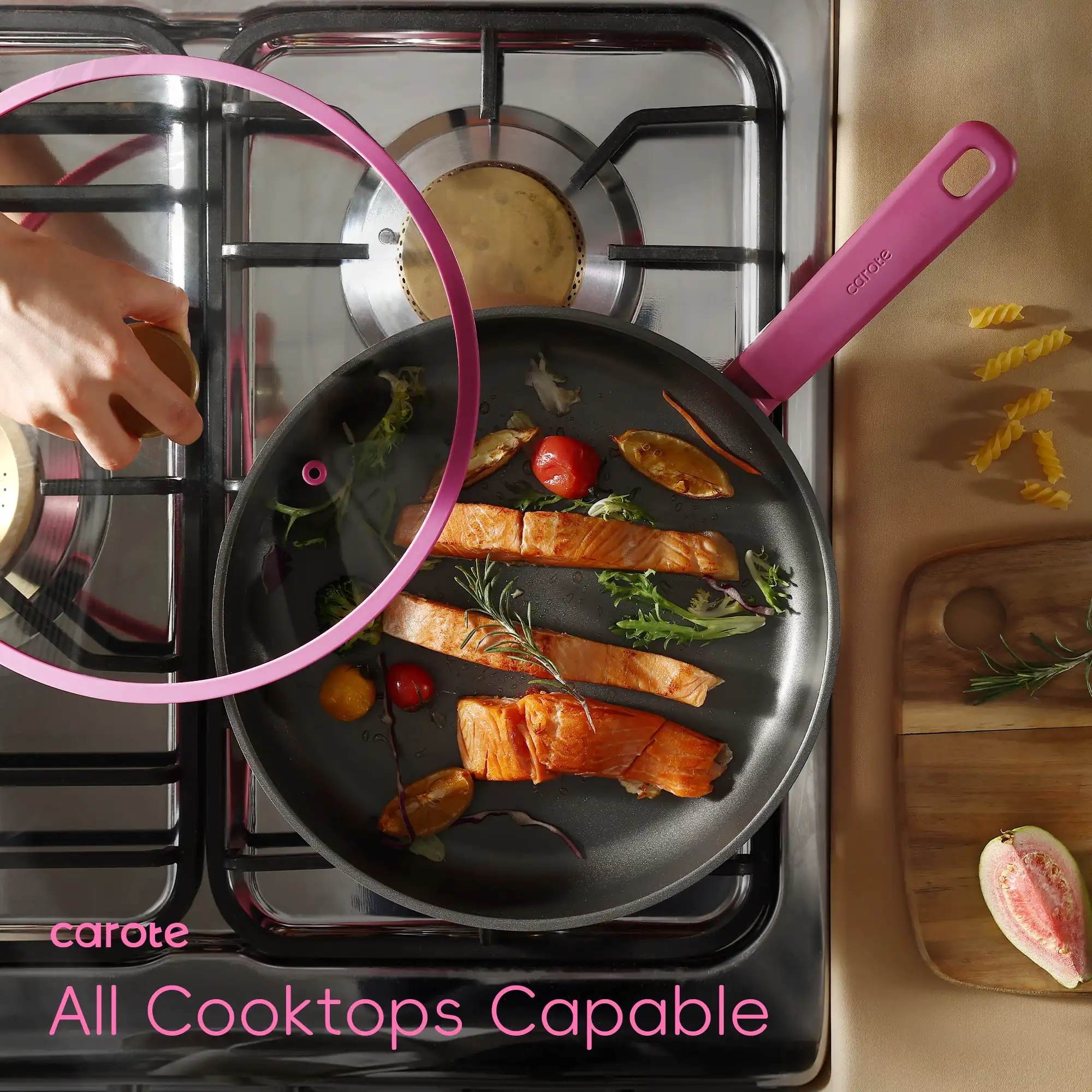 Batterie de cuisine, ensemble de casseroles et poêles antiadhésives, compatible induction, 16 pièces, rose