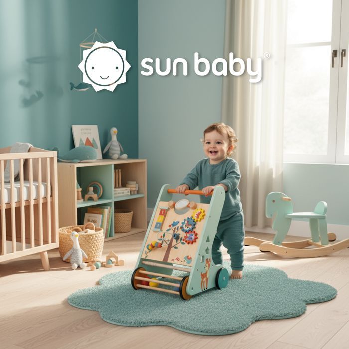 Houten loopstoel voor baby's vanaf 12 maanden met activiteitenpaneel inclusief sorteerder, in elkaar grijpende kralen en cijferblokken.