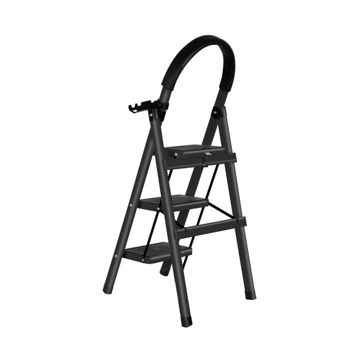 Escalera plegable de acero de 3 peldaños, color negro, 104 cm, con asa y plataforma antideslizante, capacidad de carga de 150 kg.