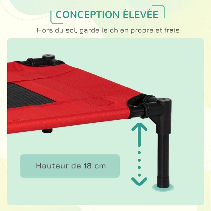 Lit surélevé pour chiens - PawHut - animaux de compagnie oxford textilène micro-perforé - métal oxford - 61x46x18cm - rouge noir