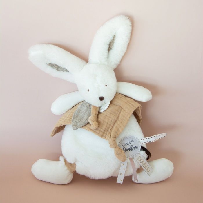 Doudou et Compagnie - Bunny Comforter - 25 cm - White/Sand - Natural Pompom Bunny - Gift Idea - Happy Wild - Happy Doudou To You