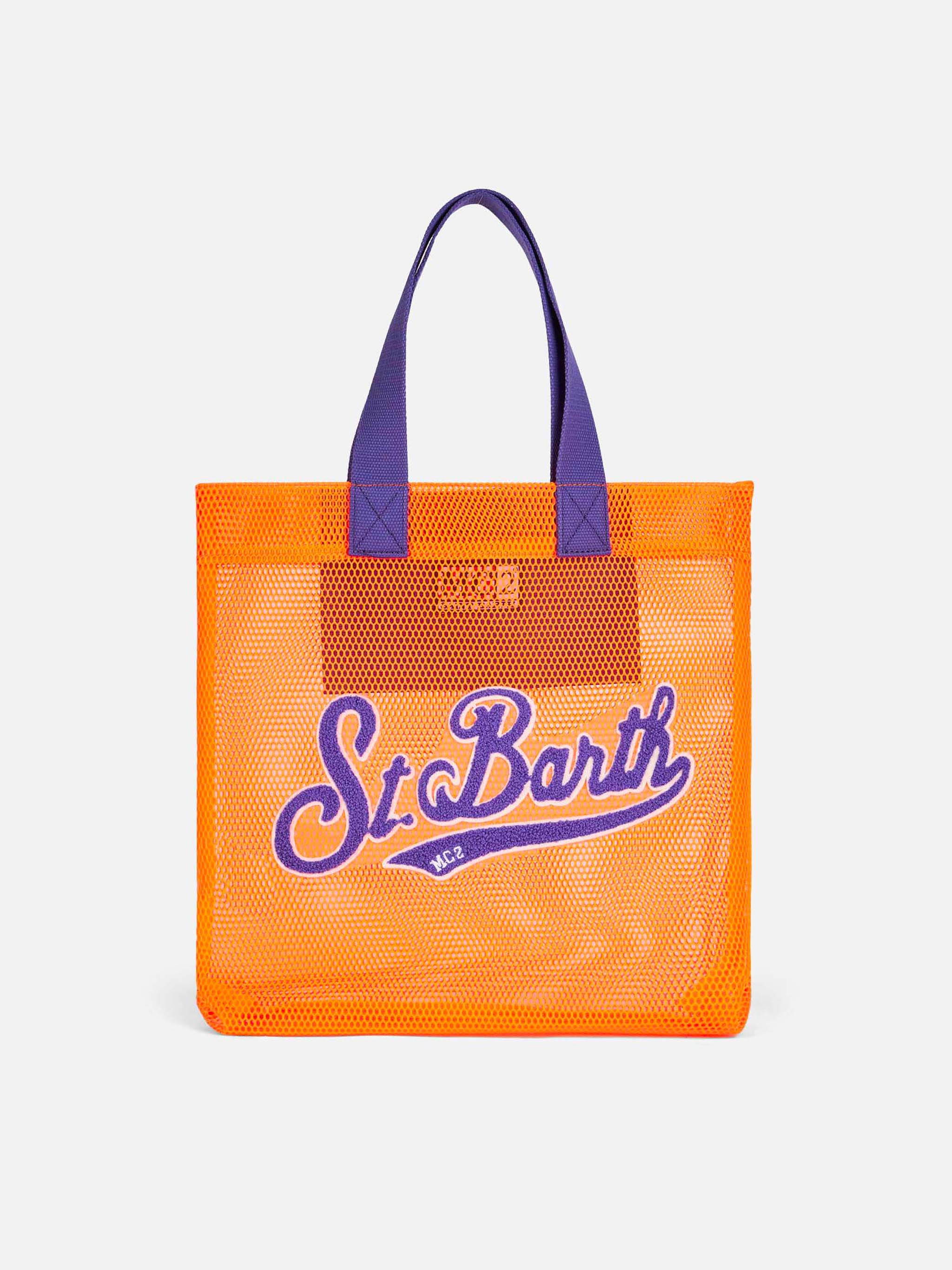 Oranje mesh shopper tas met badstof borduurwerk aan de voorkant