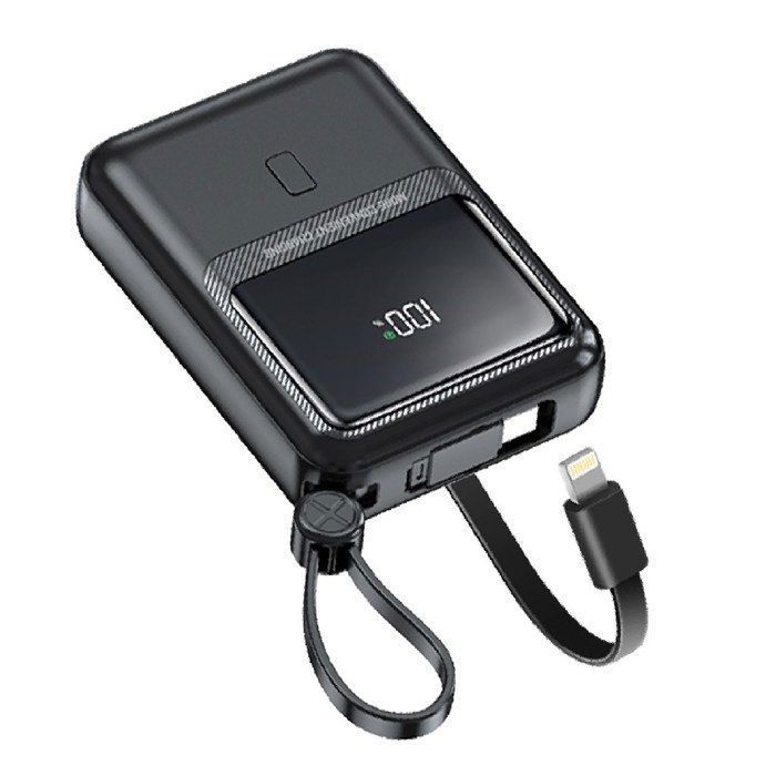 Batería externa de 10000 mAh, carga rápida BYONDSELF PD de 20 W, cables USB-C y Lightning integrados, pantalla digital.