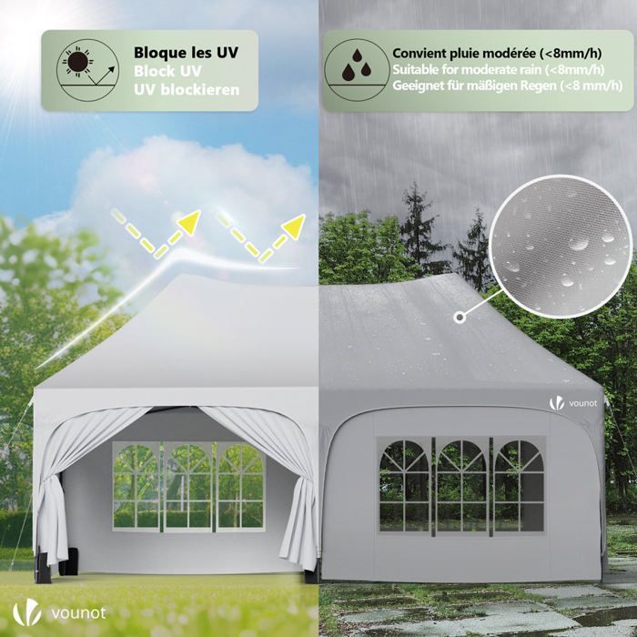 Cenador plegable de jardín VOUNOT® de 3x6 m - Carpa de altura regulable con 6 paneles laterales extraíbles - Impermeable y resistente a los rayos UV - Blanco