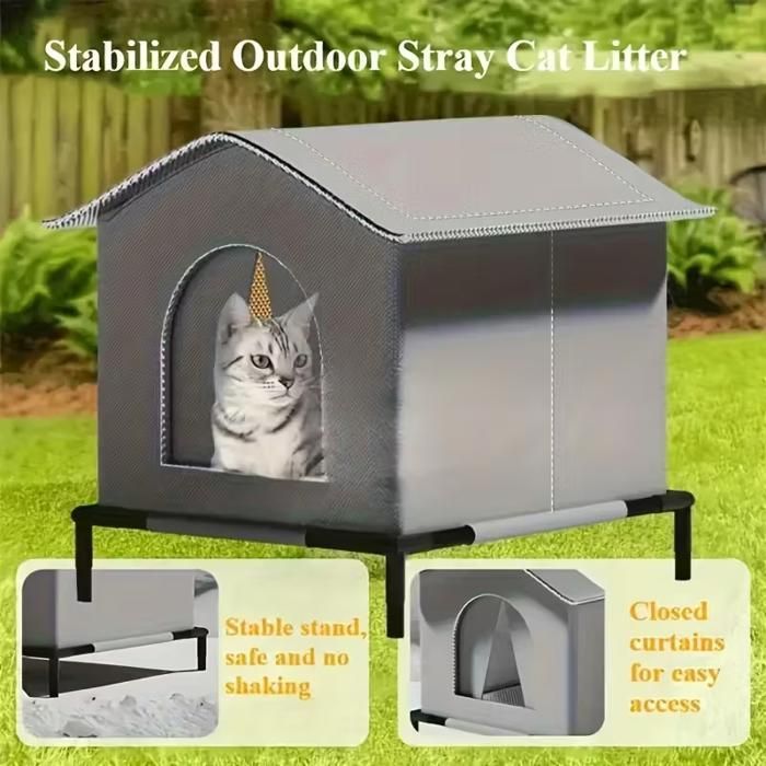 Maison pour Chat d'Extérieur-Abri Extérieur avec Tapis et Sol Surélevé,Isolation Thermique Hiver Tente pour Animaux Lit Niche,Gris