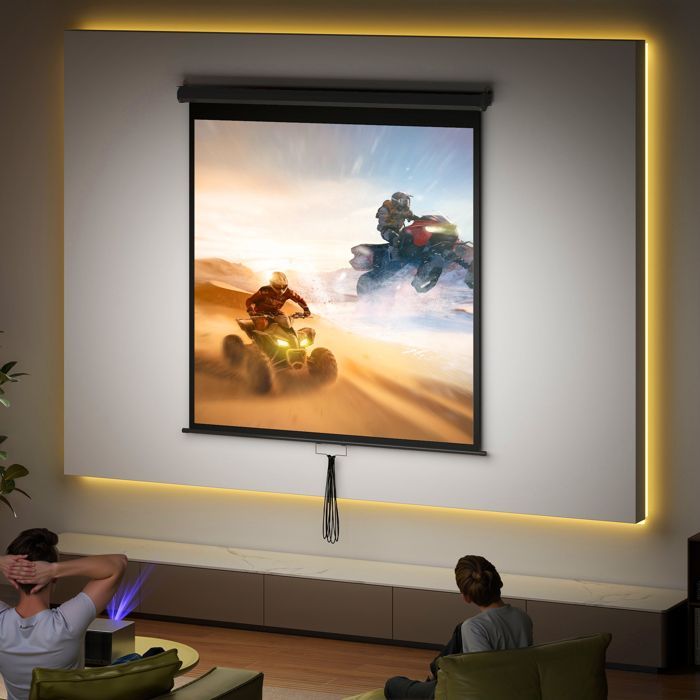 Pantalla de proyección HOMCOM de 85 pulgadas para cine en casa, 1:1, 4K HD, montaje en pared/techo, acero, 162,5 x 8 x 162 cm, color negro.
