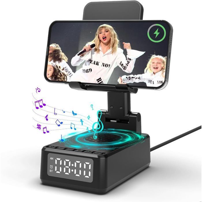 Altavoz Bluetooth 5 en 1: despertador, cargador inalámbrico, soporte plegable, carga de 1500 mA y 15 W. Idea de regalo de cumpleaños para hombres.