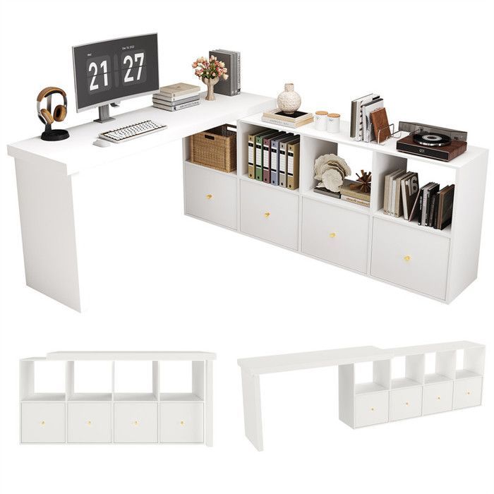 Reversible L-shaped corner desk, 4 shelves, 120 cm desk with storage and 4 drawers, desk for bedroom, studio, white